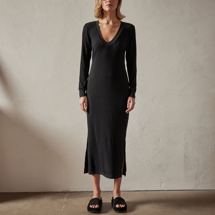 Ribbed Tv Neck Dress in Black | James Perse Los Angeles 