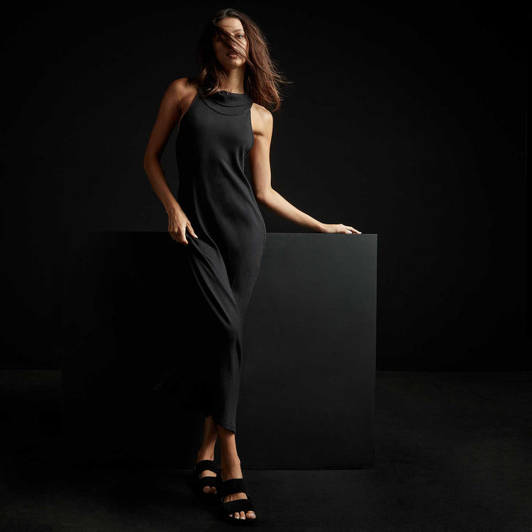 Cut  Away Funnel Neck Rib Dress in True Black | James Perse Los Angeles