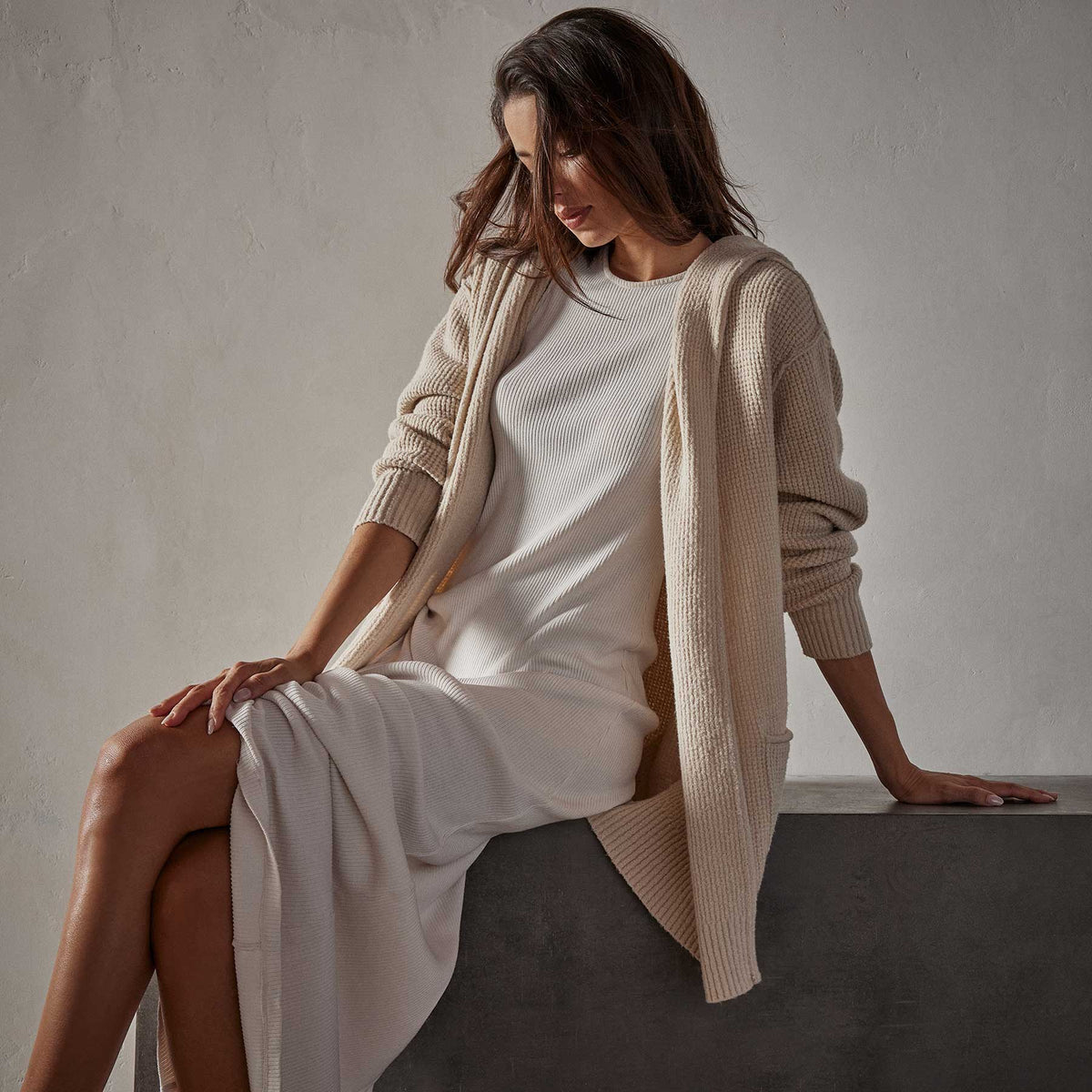Thermal Hooded Cardigan in Oatmilk | James Perse Los Angeles