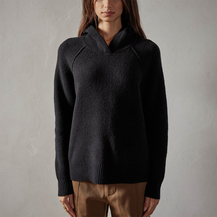 Thermal Knit Hooded Sweater in Black | James Perse Los Angeles