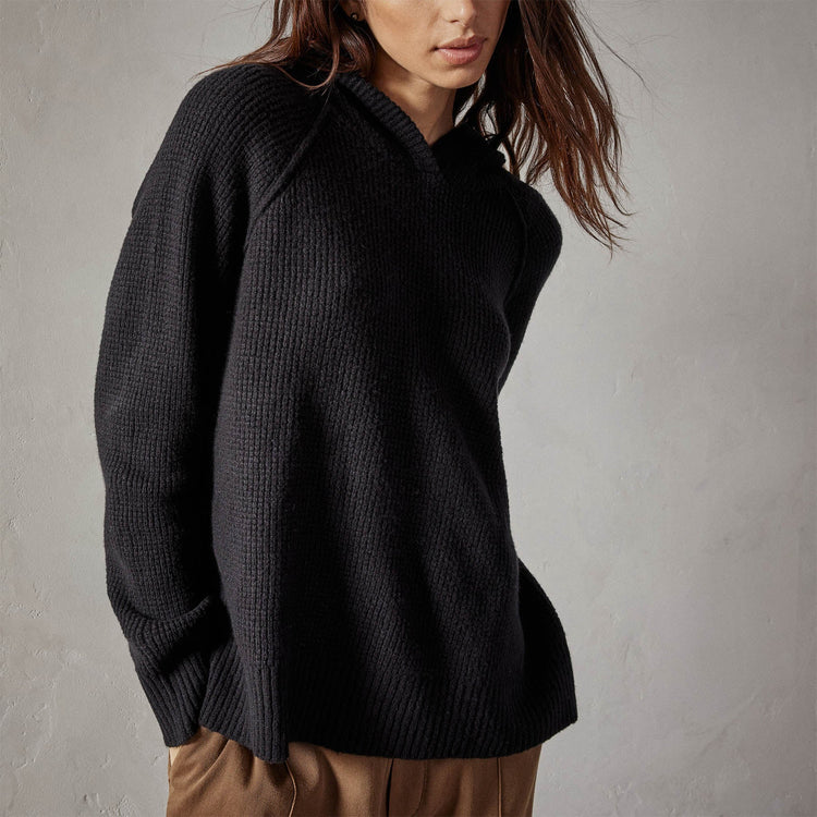 Thermal Knit Hooded Sweater in Black | James Perse Los Angeles