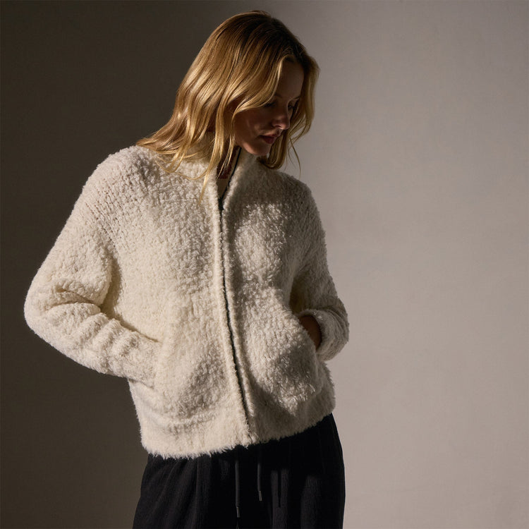 Fluffy Cashmere Zip Up Funnel Neck in Ivory | James Perse Los Angeles