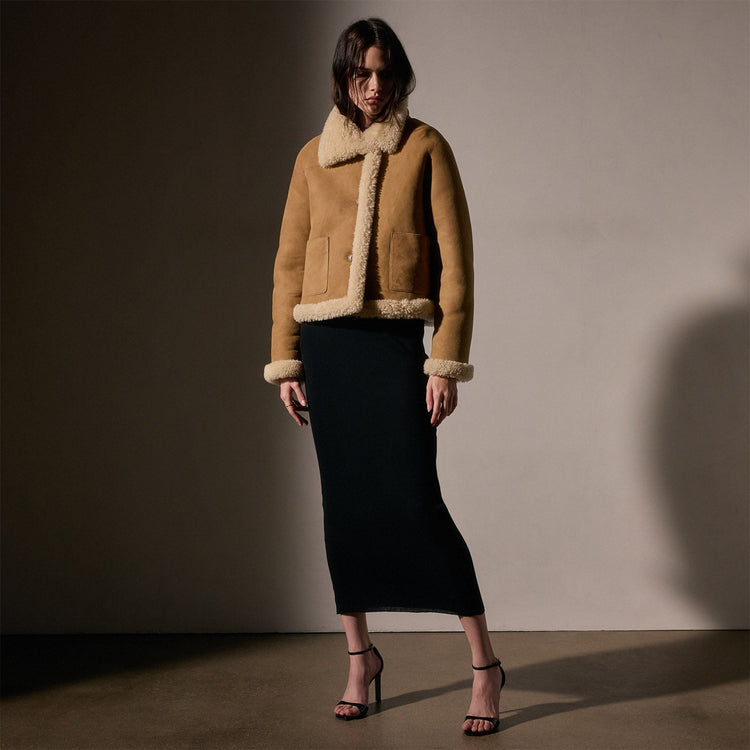 Shearling Car Coat  in Caramel | James Perse Los Angeles