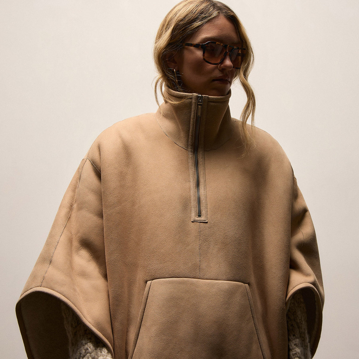 Suede Shearling Poncho - Light Caramel