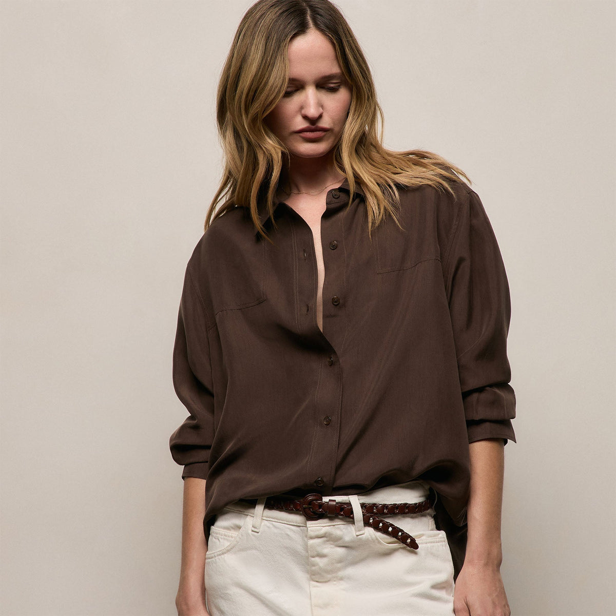 Washed Silk Patch Shirt in Washed Brown | James Perse Los Angeles