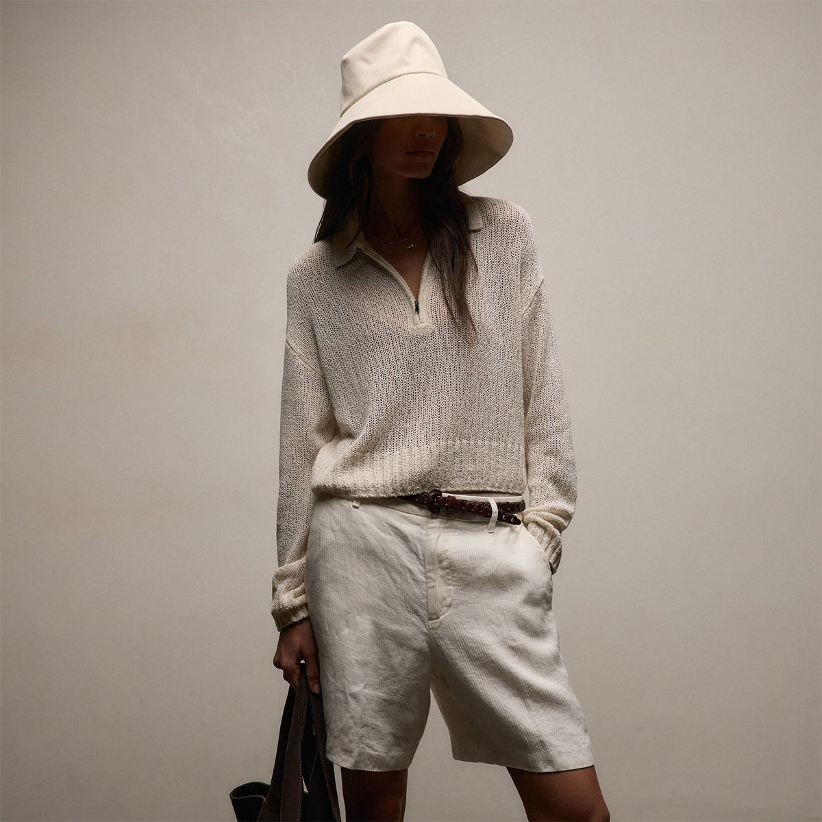 Silk Linen Open Knit Zip Polo in Ivory | James Perse Los Angeles