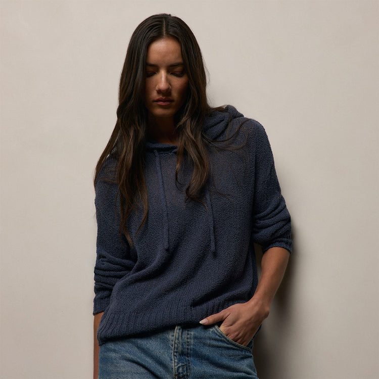 Silk Linen Open Knit Hooded Sweater in Navy | James Perse Los Angeles