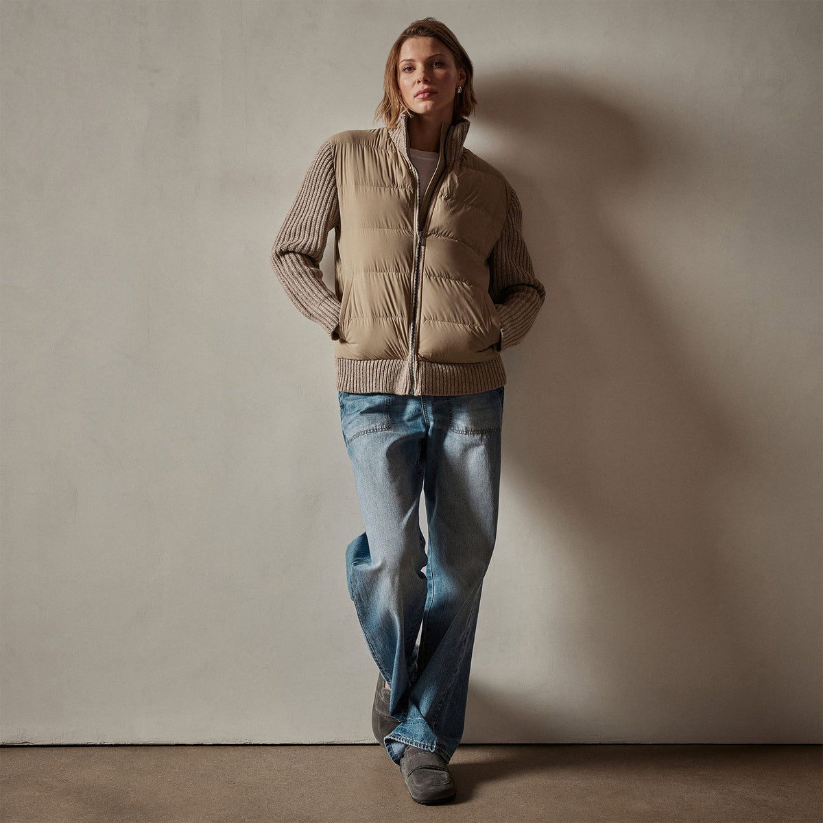 Mixed Media Zip Front Jacket in Coyote | James Perse Los Angeles