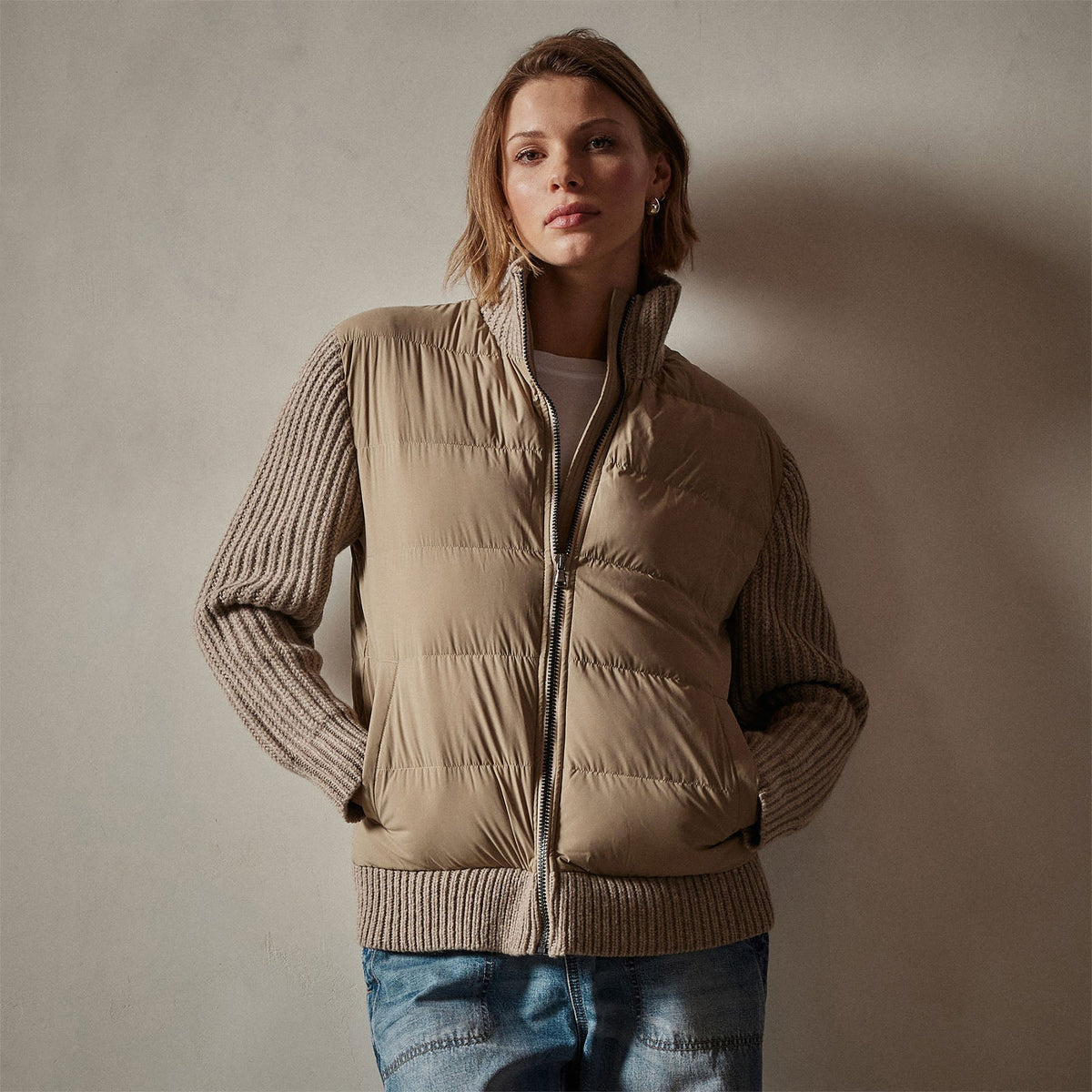 Mixed Media Zip Front Jacket in Coyote | James Perse Los Angeles