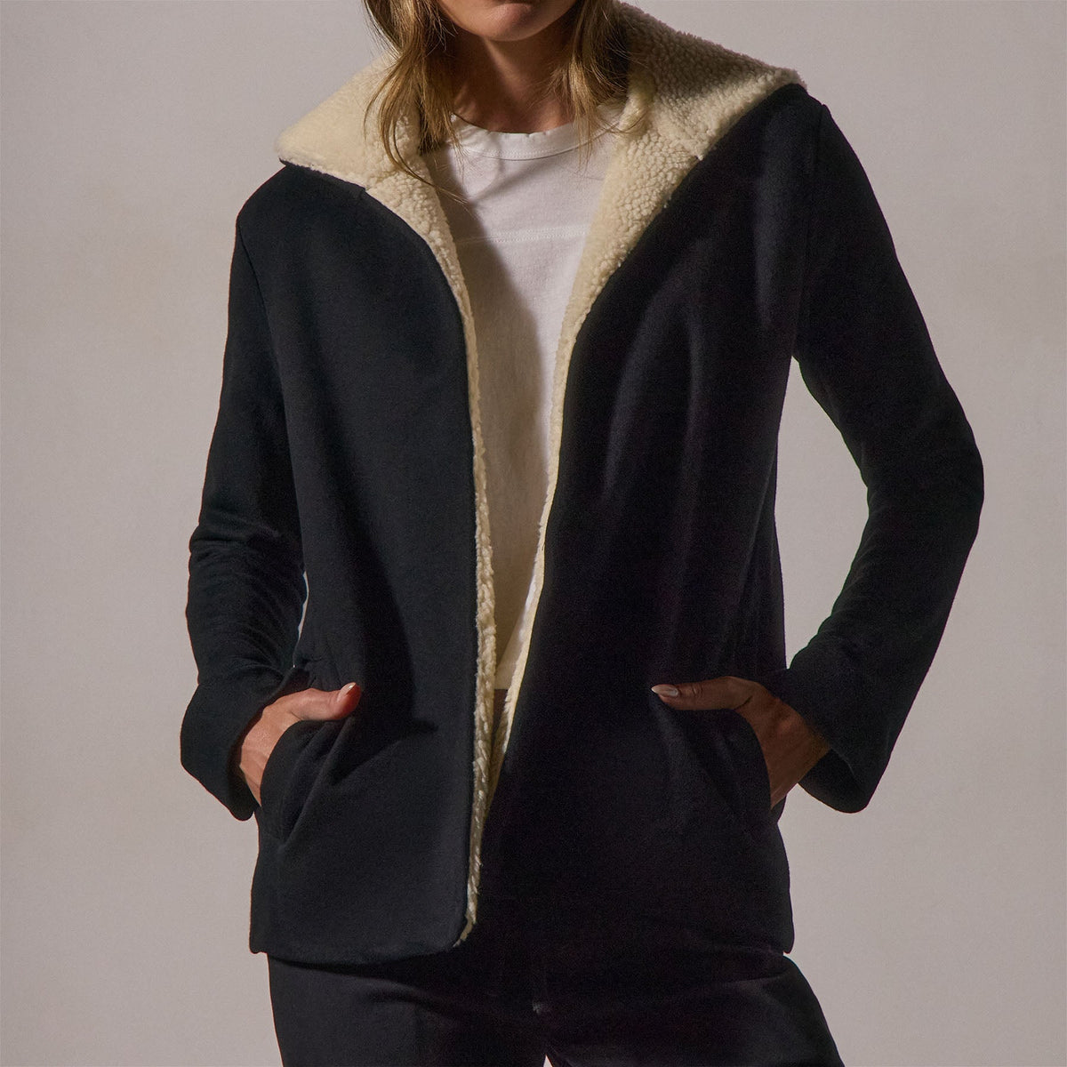 Sherpa Hooded Open Front Jacket in Black | James Perse Los Angeles