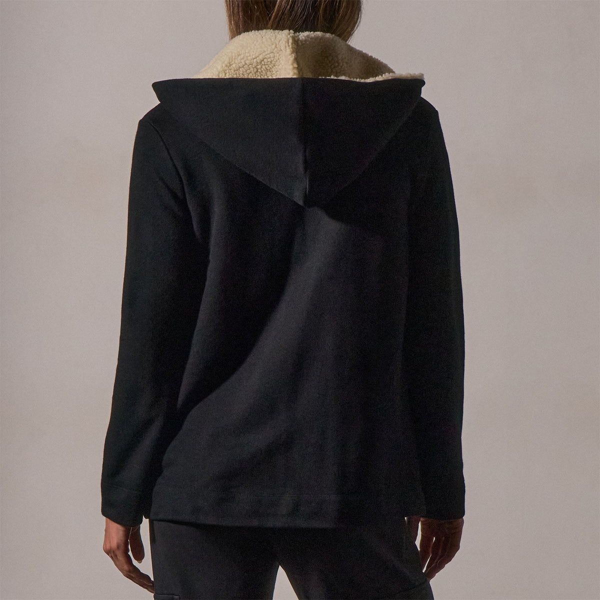 Sherpa Hooded Open Front Jacket in Black | James Perse Los Angeles