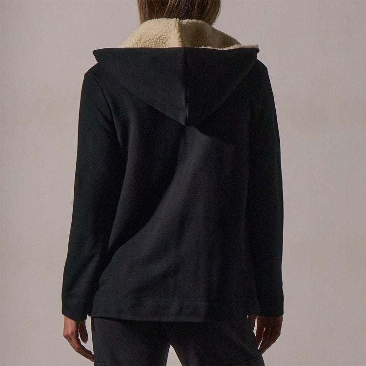 Sherpa Hooded Open Front Jacket in Black | James Perse Los Angeles