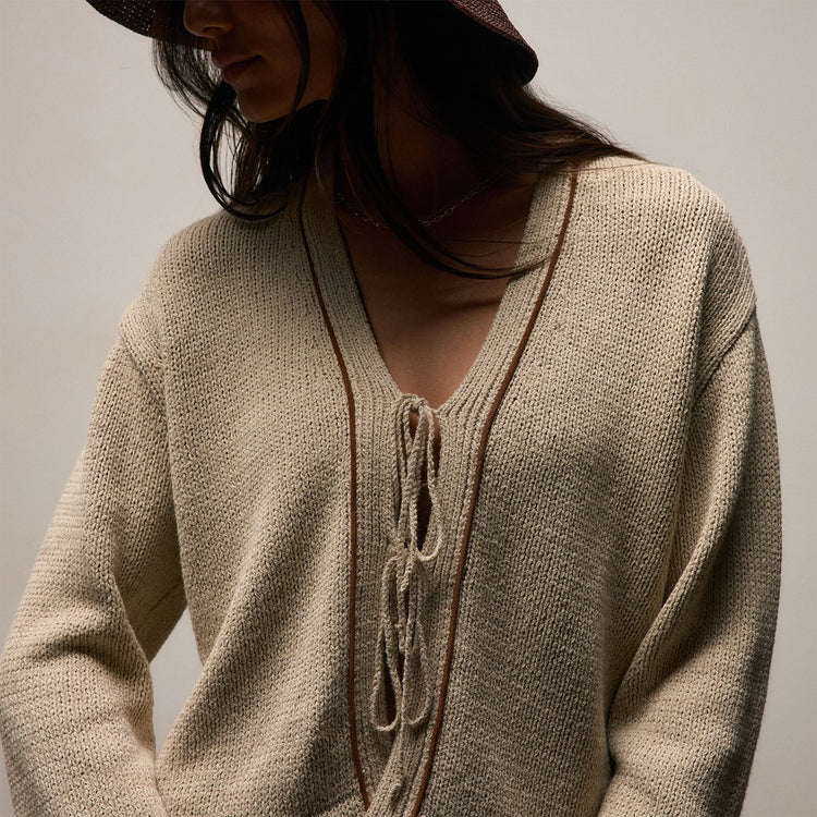 Cotton Linen Tie Front Cardigan in Natural/Tobacco | James Perse Los Angeles