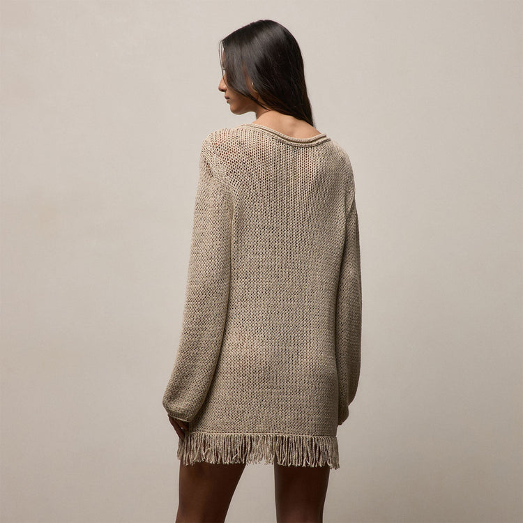 Cotton Linen Open Knit Tunic with Fringe in Natural | James Perse Los Angeles