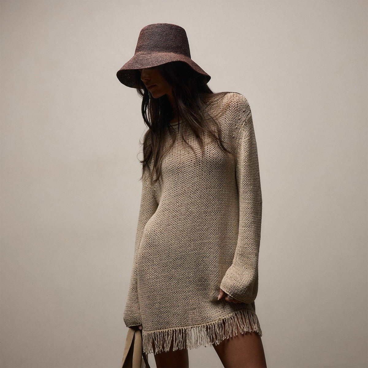 Cotton Linen Open Knit Tunic with Fringe in Natural | James Perse Los Angeles