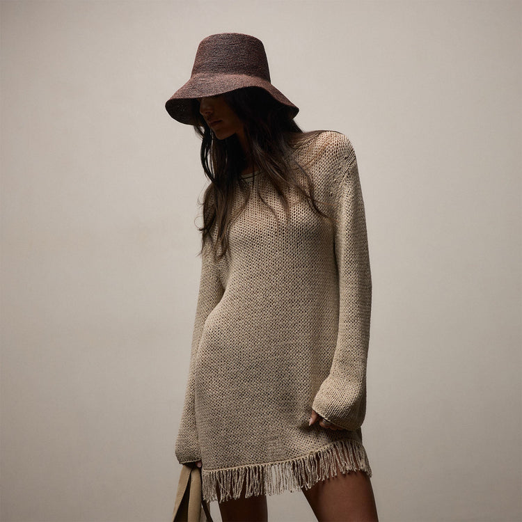 Cotton Linen Open Knit Tunic with Fringe in Natural | James Perse Los Angeles