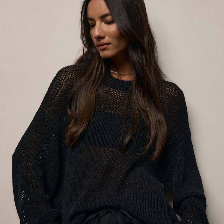 Cotton Linen Open Knit Crew in Black | James Perse Los Angeles