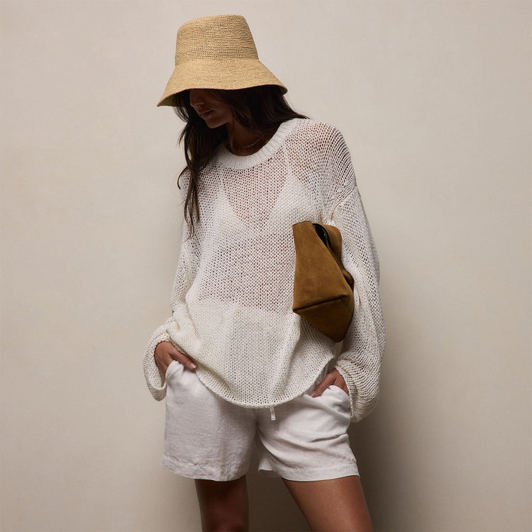 Cotton Linen Open Knit Crew in Off White | James Perse Los Angeles