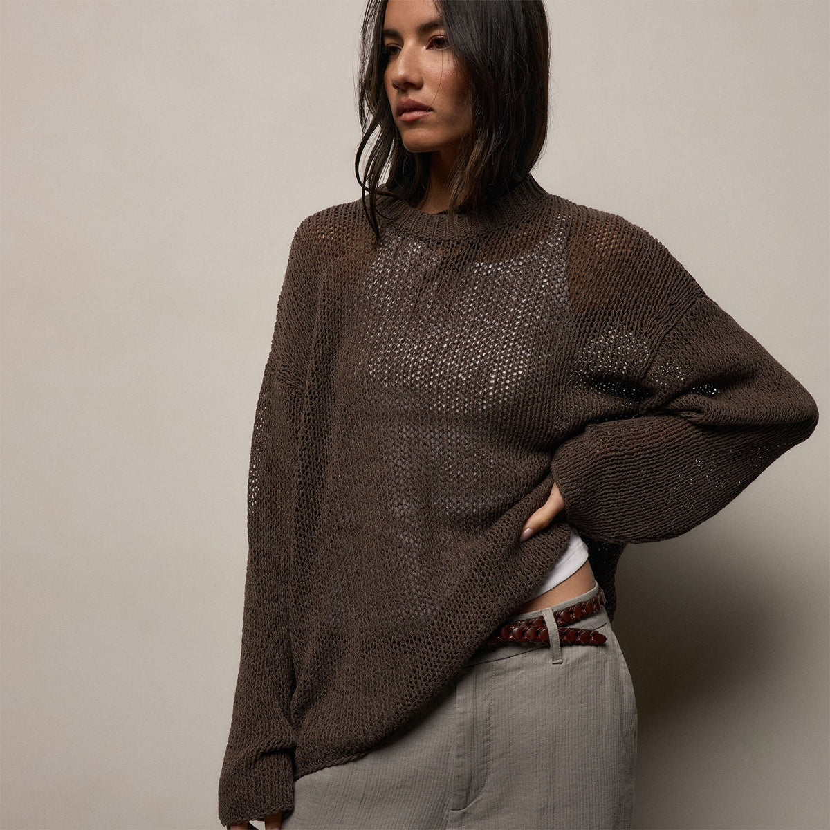 Cotton Linen Open Knit Crew in Storm | James Perse Los Angeles