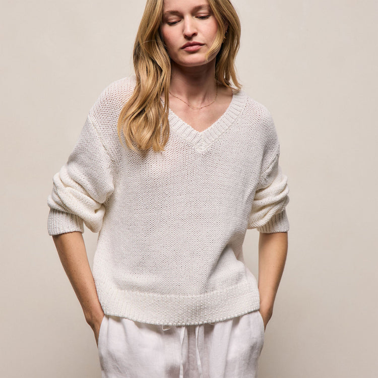 Cotton Linen V Neck Boxy Sweater in Off White | James Perse Los Angeles