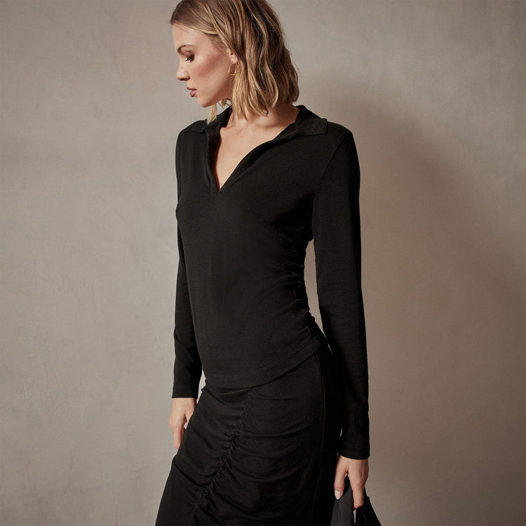 Tencel Cashmere Open Polo in Black | James Perse Los Angeles