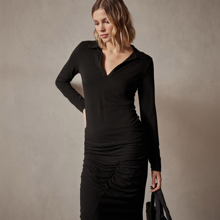 Tencel Cashmere Open Polo in Black | James Perse Los Angeles