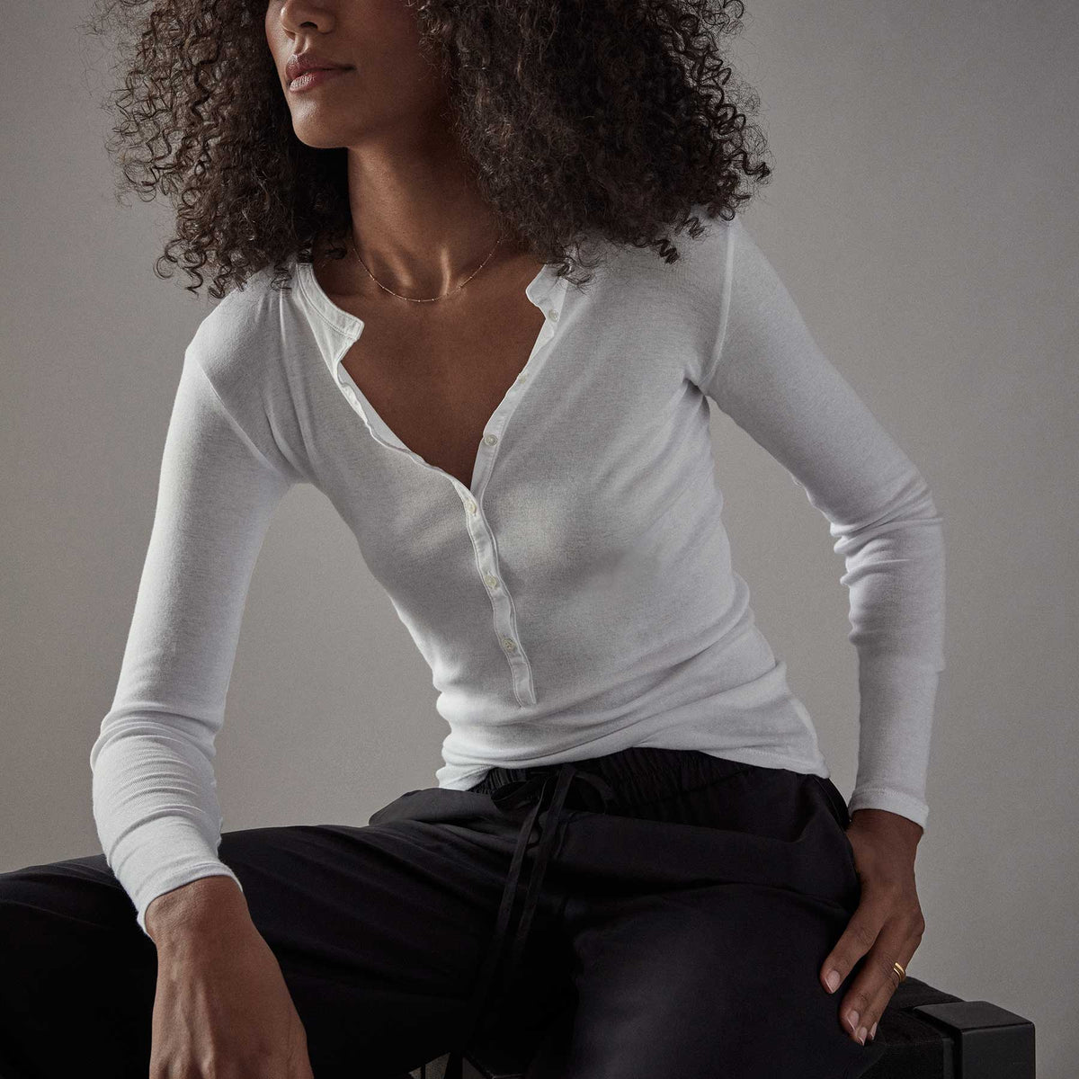 Tubular Fine Rib Henley Top - White | James Perse Los Angeles