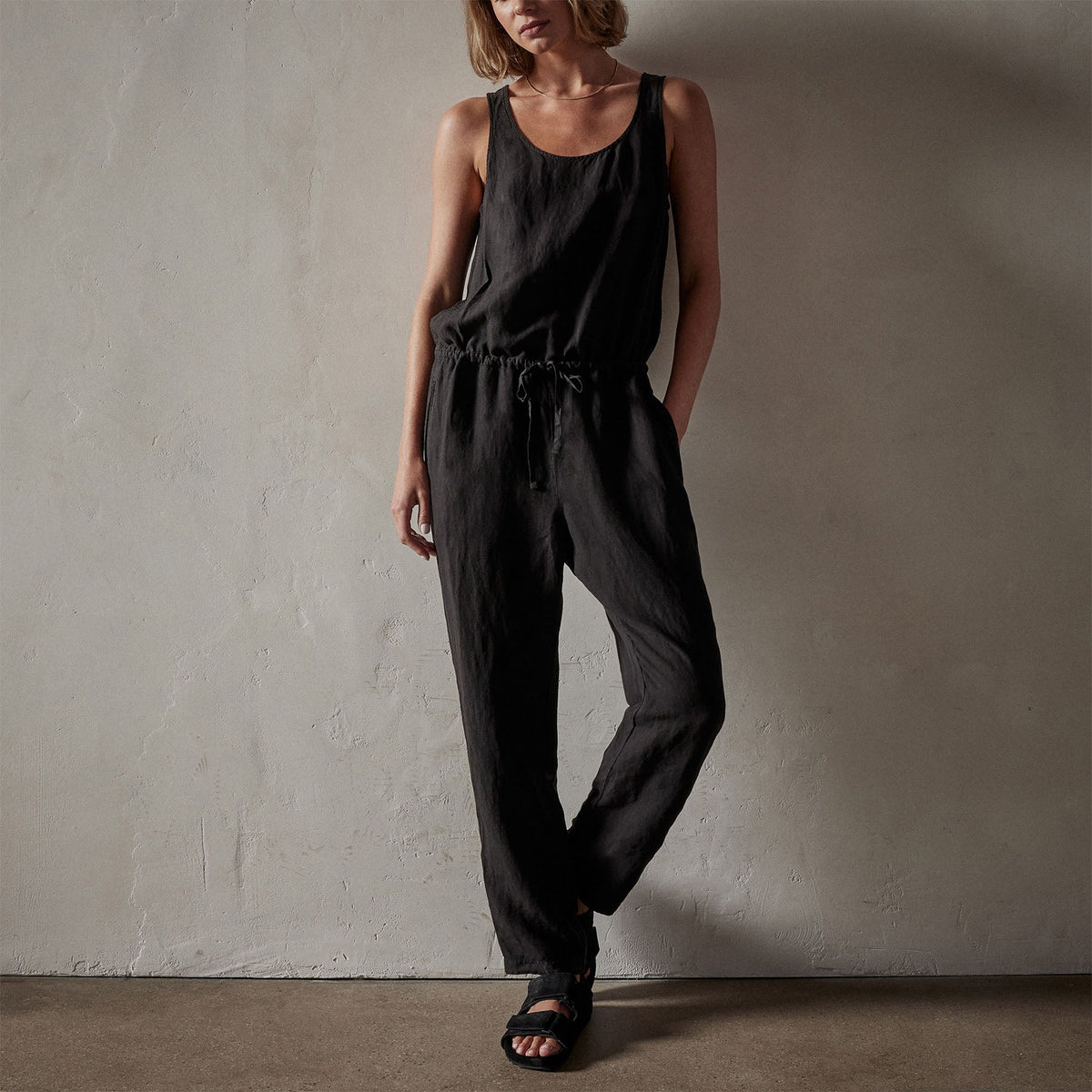 Tencel Linen Blend Romper in Black | James Perse Los Angeles