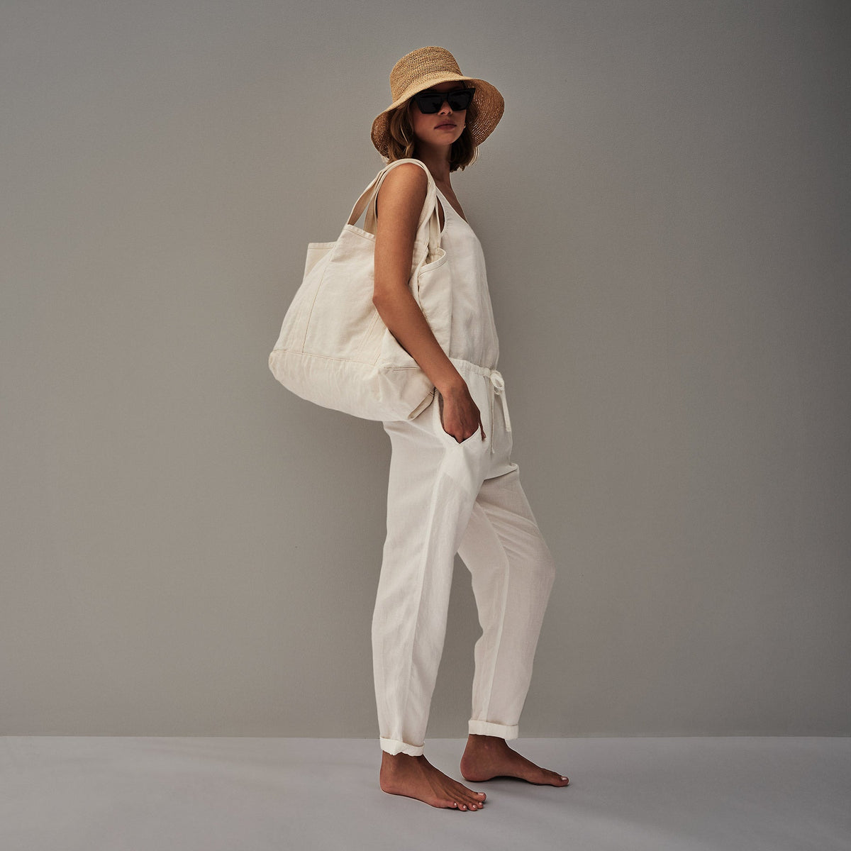 Sleeveless Linen Blend Jumpsuit in Everest White Pigment | James Perse Los Angeles