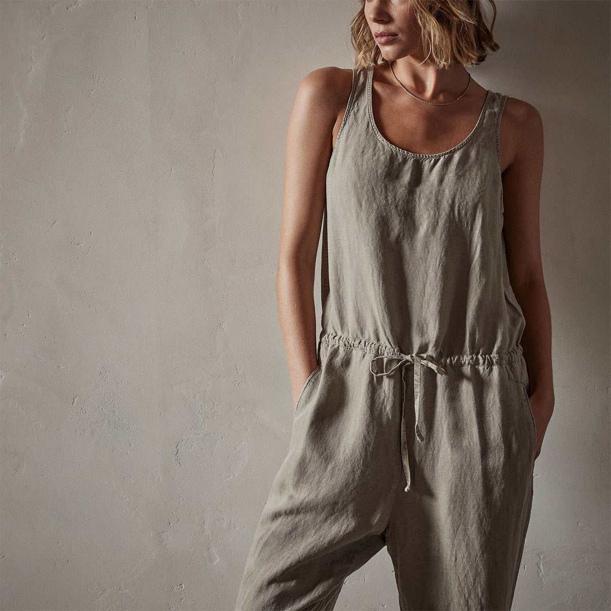 Sleeveless Linen Blend Jumpsuit in Silt Pigment | James Perse Los Angeles