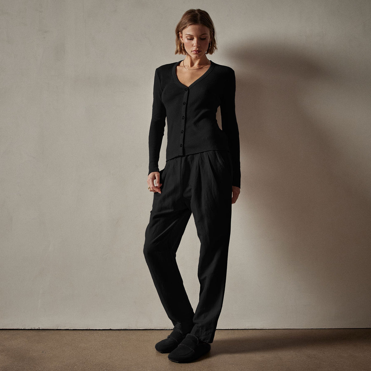 Cotton Cashmere Rib Cardigan in Black | James Perse Los Angeles