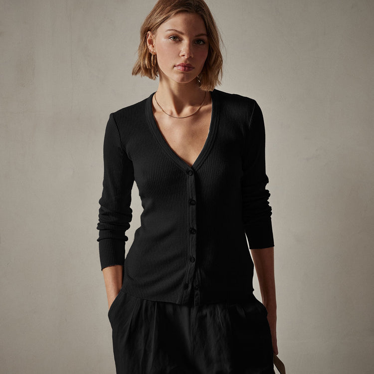 Cotton Cashmere Rib Cardigan in Black | James Perse Los Angeles