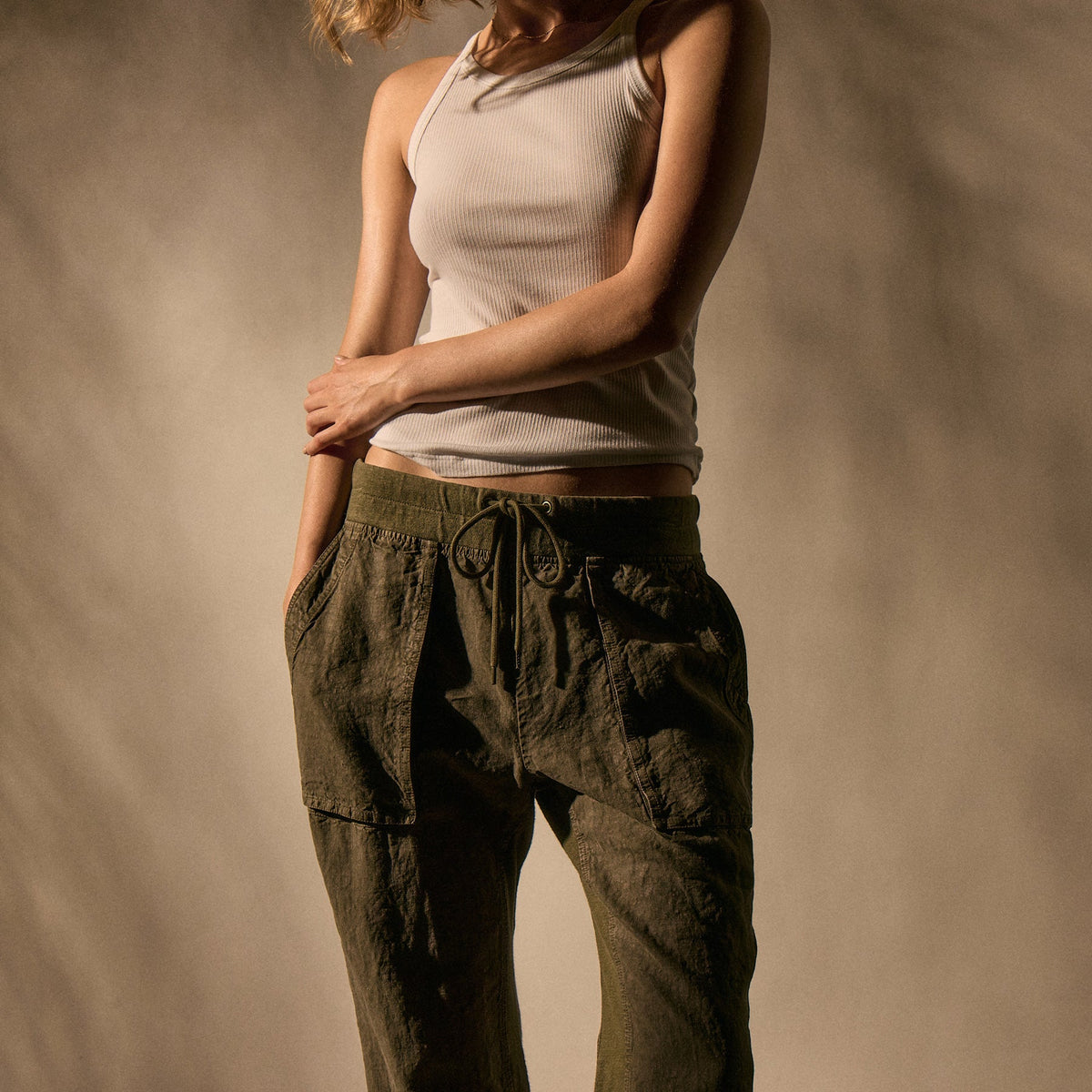Linen Mixed Media Pant - Army Green