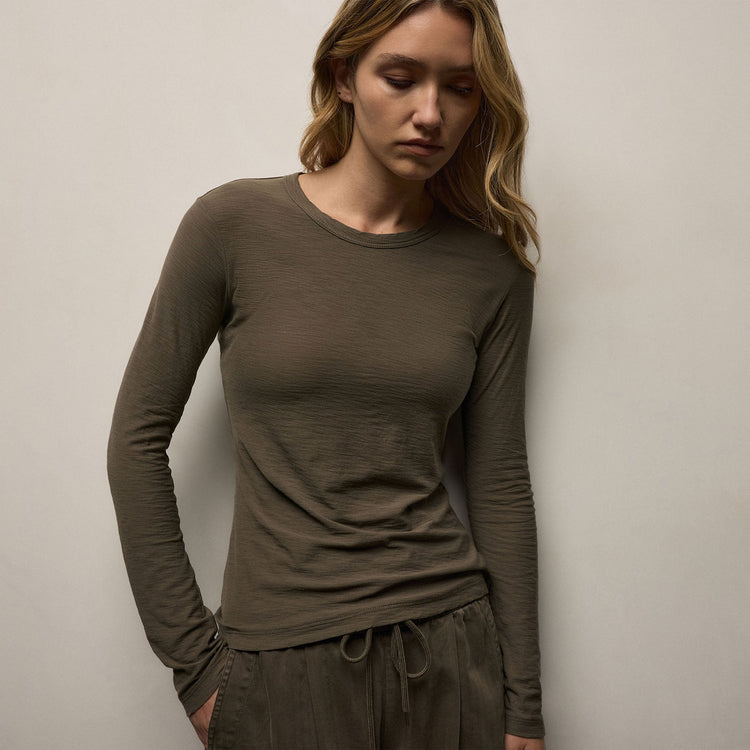 Sheer Slub Long Sleeve Crew in Army Green | James Perse Los Angeles