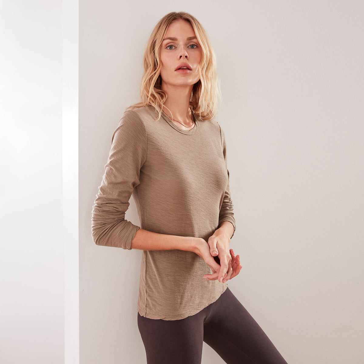 Sheer Slub Long Sleeve Crew In Fawn | James Perse Los Angeles
