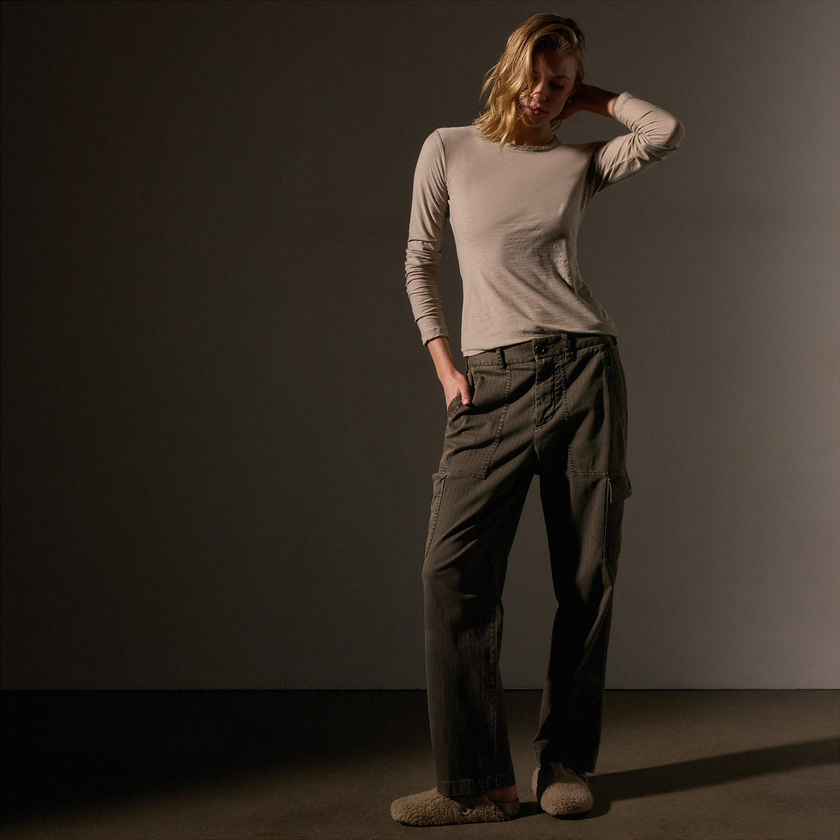 Sheer Slub Long Sleeve Crew in Light Tan | James Perse Los Angeles