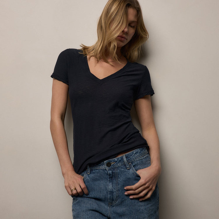 Sheer Slub V Neck - Deep