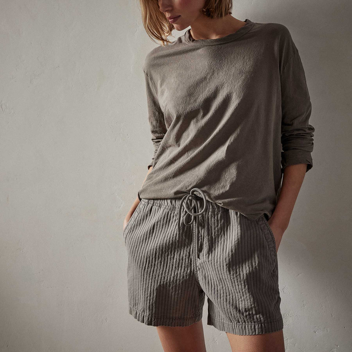 Crepe Jersey Oversized Long Sleeve Crew in River Rock | James Perse Los Angeles