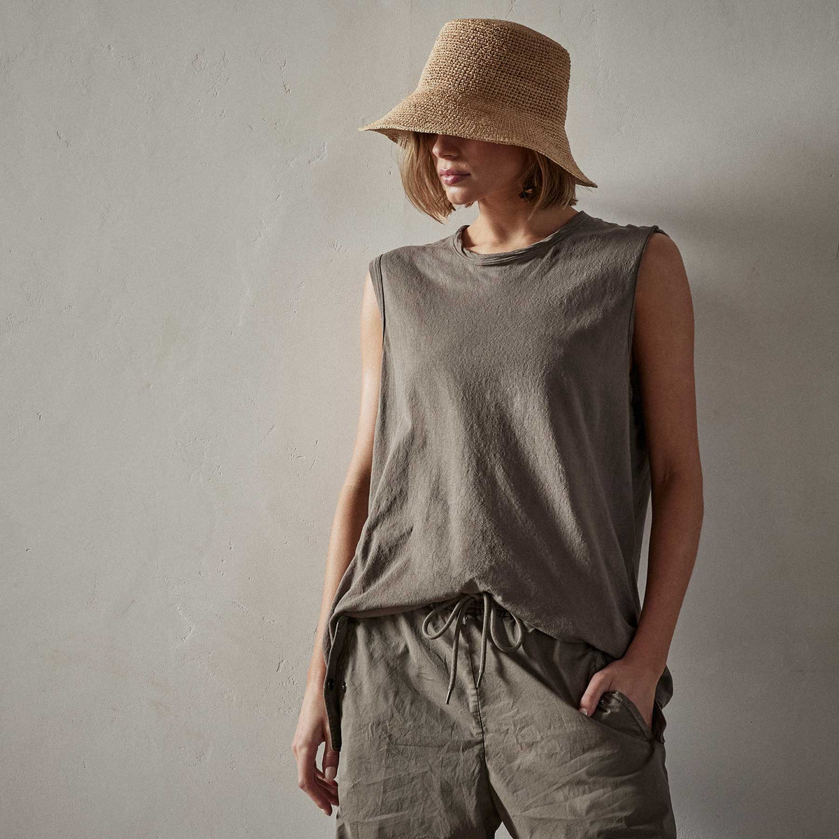 Crepe Jersey Muscle Crew in River Rock | James Perse Los Angeles