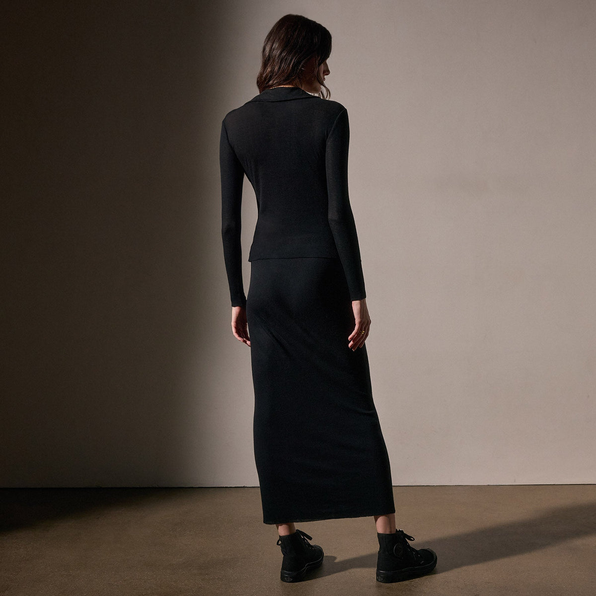 Cotton Cashmere Rib Open Polo  in Black | James Perse Los Angeles