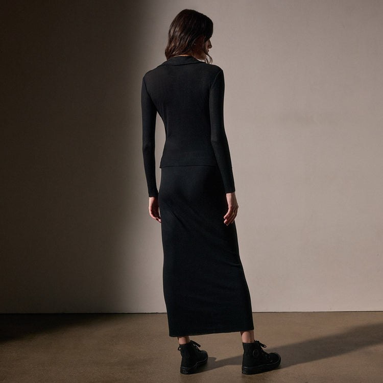 Cotton Cashmere Rib Open Polo  in Black | James Perse Los Angeles