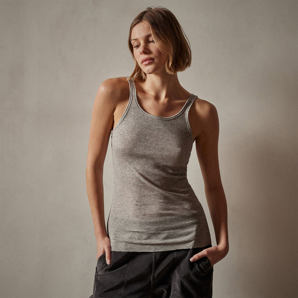 Cotton Cashmere Blend Ribbed Tank in Heather Grey | James Perse Los Angeles