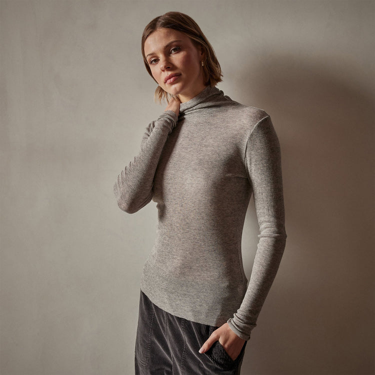 Cotton Cashmere Blend Ribbed Turtleneck in Heather Grey | James Perse Los Angeles