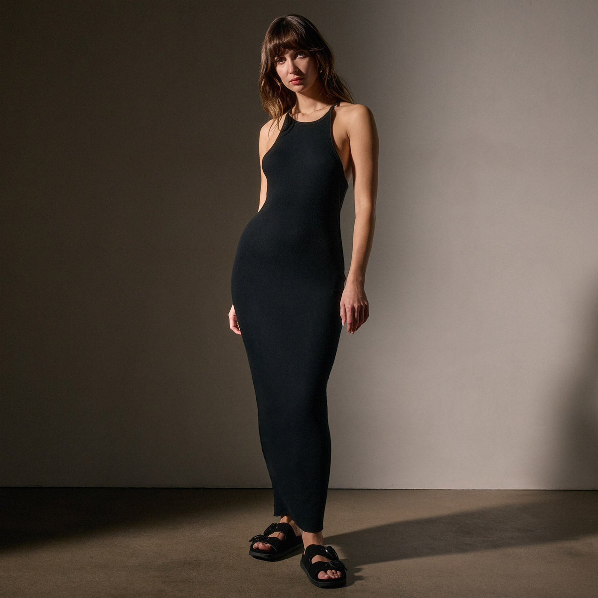 Cotton Cshmr Rbd Rcr Bck Tnk Dress in Black | James Perse Los Angeles