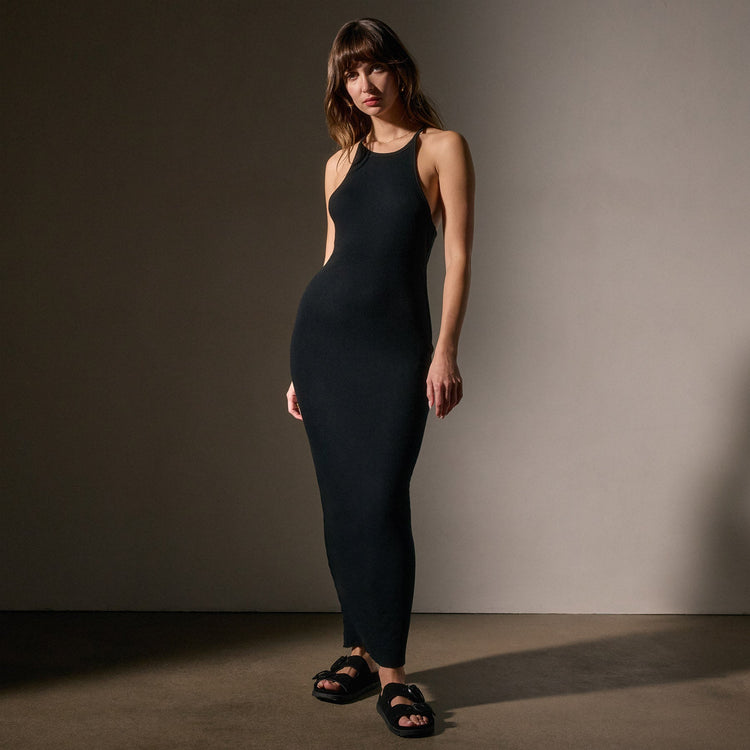 Cotton Cshmr Rbd Rcr Bck Tnk Dress in Black | James Perse Los Angeles