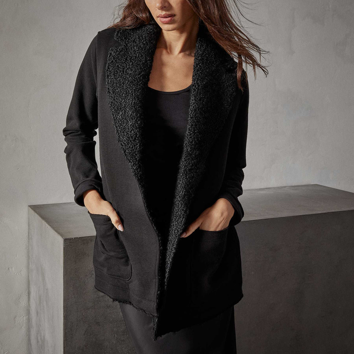 Sherpa Trim Shawl Jacket in Black | James Perse Los Angeles