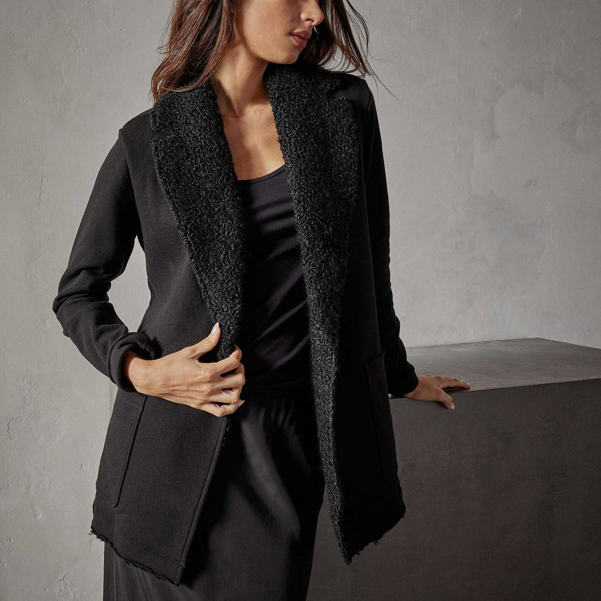 Sherpa Trim Shawl Jacket in Black | James Perse Los Angeles
