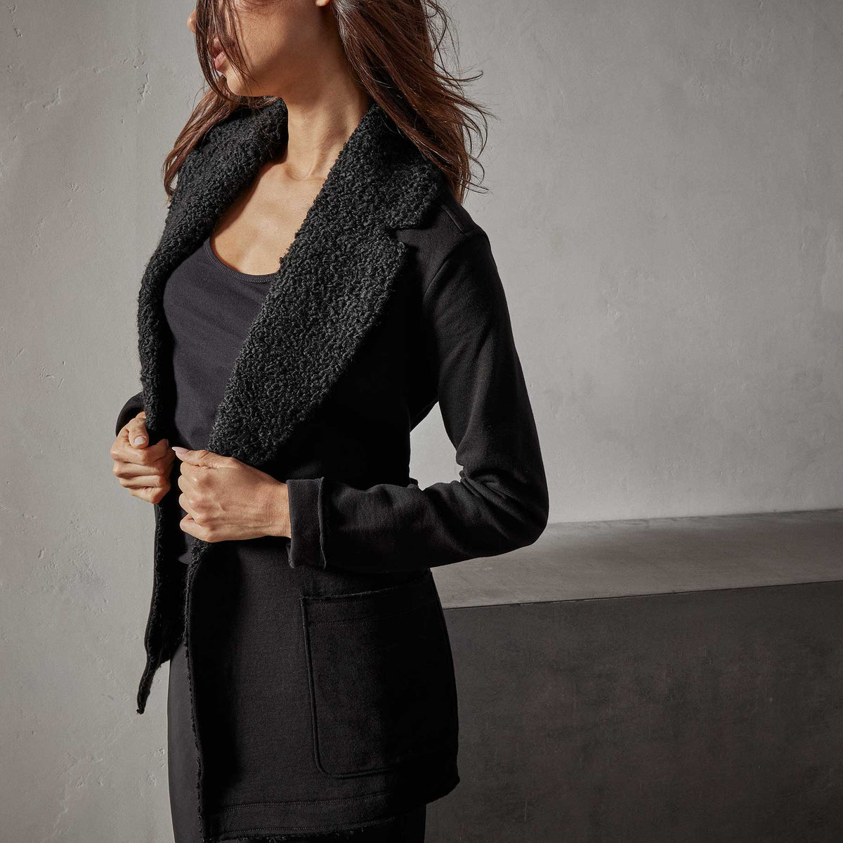 Sherpa Trim Shawl Jacket in Black | James Perse Los Angeles