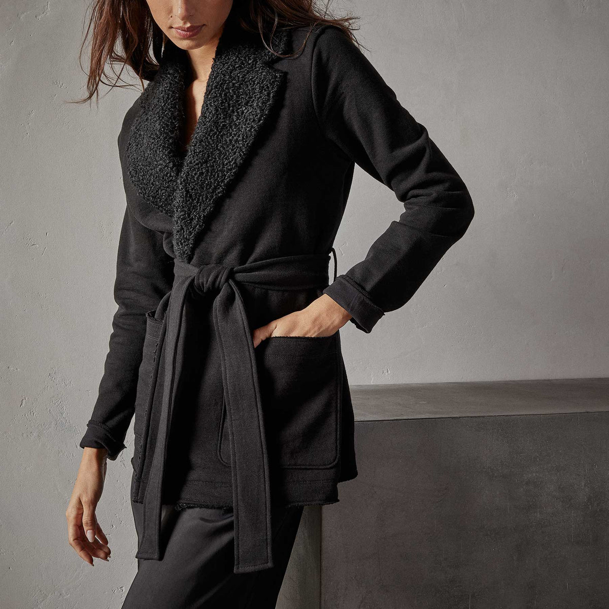 Sherpa Trim Shawl Jacket in Black | James Perse Los Angeles