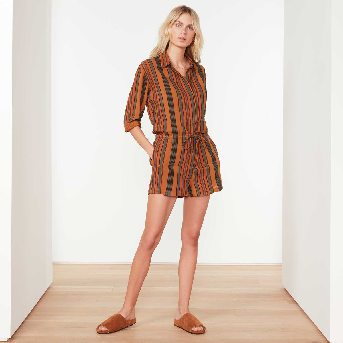 Short Vintage Striped Jumpsuit In Amber Stripe | James Perse Los Angeles